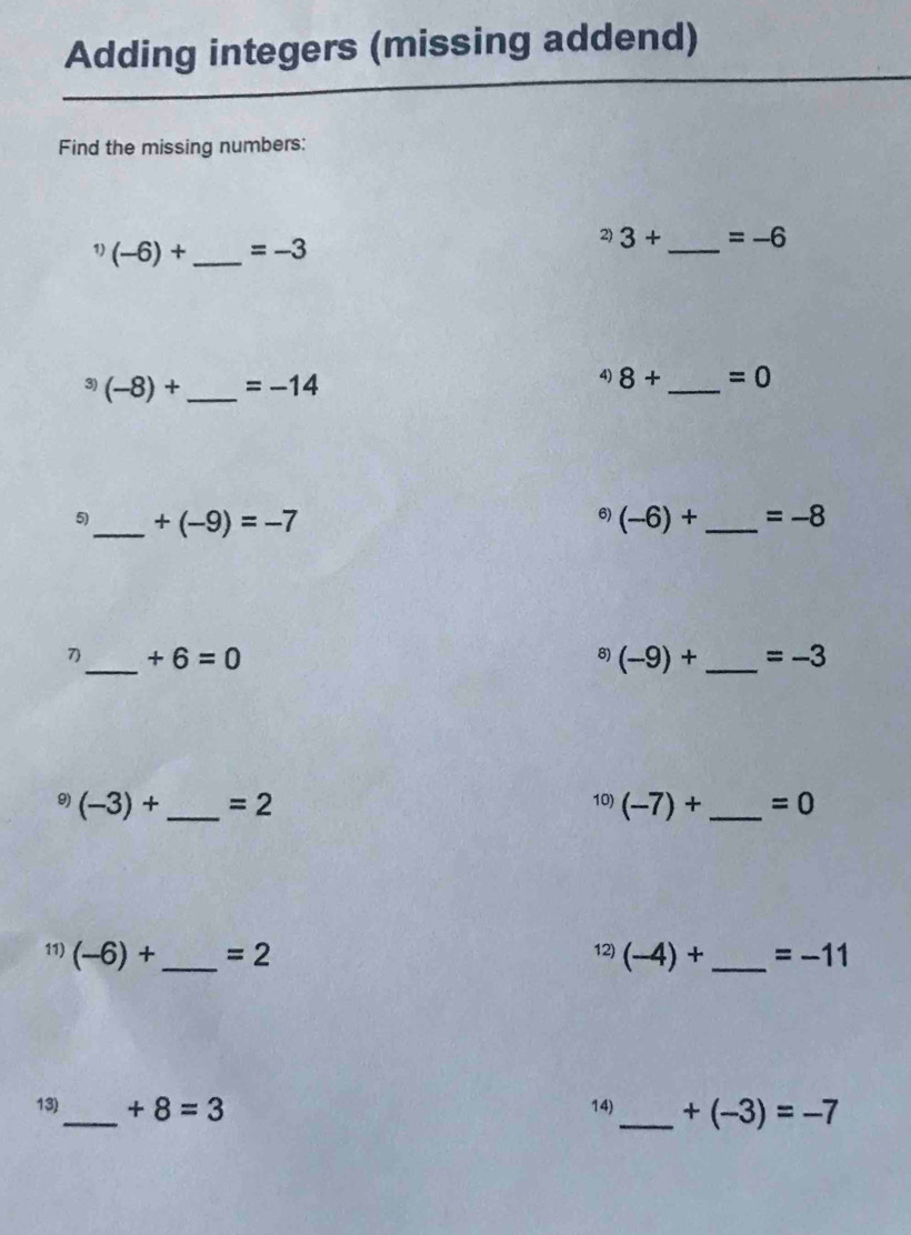 Adding integers (missing addend) 
Find the missing numbers: 
1) (-6)+ _  =-3
2) 3+ _  =-6
3) (-8)+ _  =-14
4) 8+ _  =0
6) 
5)_ +(-9)=-7 (-6)+ _  =-8
8) 
7_ +6=0 (-9)+ _ =-3
9) (-3)+ _  =2 10) (-7)+ _  =0
11) (-6)+ _  =2 12) (-4)+ _  =-11
13) _ +8=3 14)_ +(-3)=-7