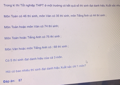 Trong kỉ thi Tốt nghiệp THPT ở một trường có kết quả số thi sinh đạt danh hiệu Xuất sắc như 
Môn Toán có 46 thí sinh, môn Văn có 35 thí sinh, môn Tiếng Anh có 44 thí sinh; 
Môn Toán hoặc môn Văn có 74 thí sinh; 
Môn Toán hoặc Tiếng Anh có 75 thí sinh; 
Môn Vận hoặc môn Tiếng Anh có : 68 thí sinh;
Có 5 thí sinh đạt danh hiệu của cả 3 môn. 
Hồi có bao nhiệu thí sinh đạt danh hiệu Xuất sác chỉ 1 mộn? 
Đáp án: 87