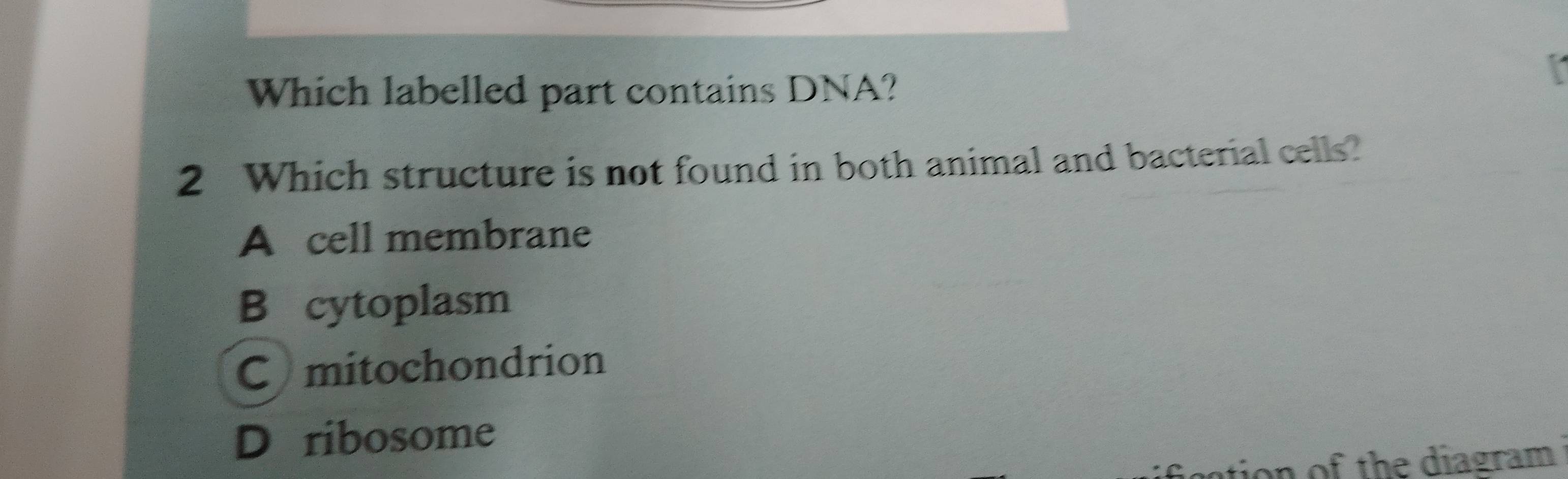 Which labelled part contains DNA?
2 Which structure is not found in both animal and bacterial cells?
A cell membrane
B cytoplasm
Cmitochondrion
D ribosome
tion of the diagram .