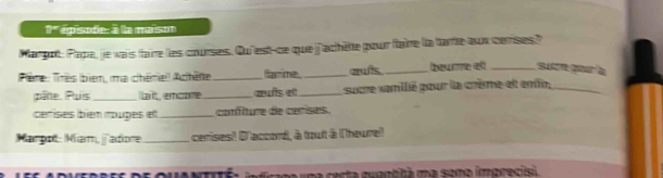 episode: à la maison 
Margot: Papa, je vais fairre les courses. Qu'est-ce que j'achète pour faire la tarte aux cerises ? 
Père: Très bien, ma chénel Achète_ farme _cuís_ bœure e_ Sue gour la 
pine. Puis_ laît, encore_ œथरड सी_ sucre vamilié pour la crème et entn,_ 
cerises bién rouges ett_ confiture de cerses. 
Margot: Mam, jadore _ cerises! D'accord, à touit à l'heurell 
mme rme eesta gvectità me sege imarecisi