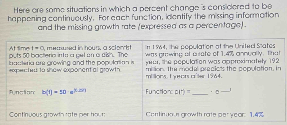 Here are some situations in which a percent change is considered to be
happening continuously. For each function, identify the missing information
and the missing growth rate (expressed as a percentage).