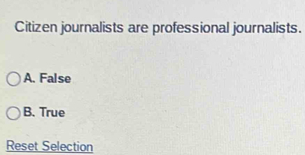 Citizen journalists are professional journalists.
A. False
B. True
Reset Selection