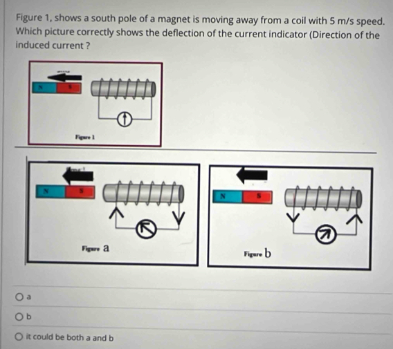 Figure 1, shows a south pole of a magnet is moving away from a coil with 5 m/s speed.
Which picture correctly shows the deflection of the current indicator (Direction of the
induced current ?
a
b
it could be both a and b