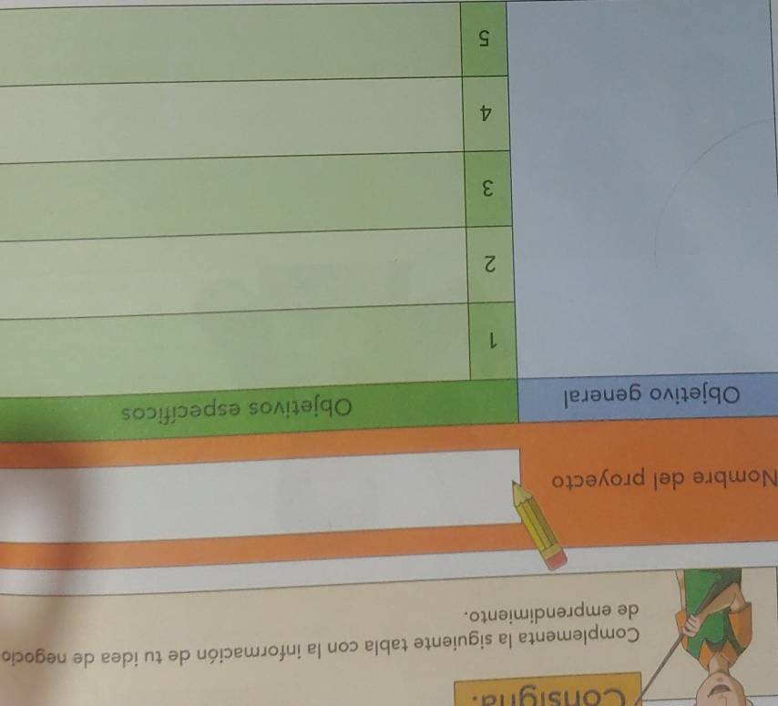 Consigna. 
Complementa la siguiente tabla con la información de tu idea de negocio 
de emprendimiento. 
Nombre del proyecto