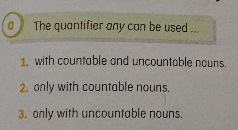 a The quantifier any can be used ...
1. with countable and uncountable nouns.
2. only with countable nouns.
3. only with uncountable nouns.