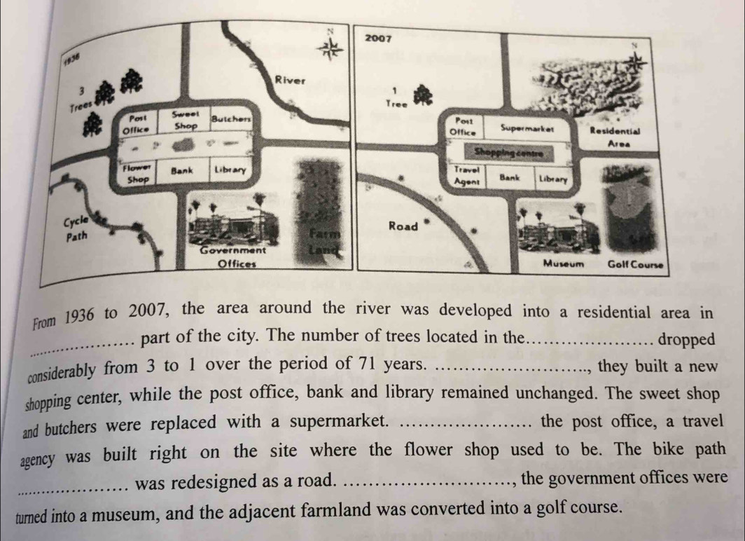 From 1936 to 2007, the area around the river was developed into a residential area in 
_part of the city. The number of trees located in the_ dropped 
considerably from 3 to 1 over the period of 71 years. _they built a new 
shopping center, while the post office, bank and library remained unchanged. The sweet shop 
and butchers were replaced with a supermarket. _the post office, a travel 
agency was built right on the site where the flower shop used to be. The bike path 
_was redesigned as a road. _, the government offices were 
turned into a museum, and the adjacent farmland was converted into a golf course.