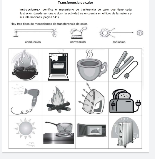 Transferencia de calor
Instrucciones.- Identífica el mecanismo de trasferencia de calor que tiene cada
ilustración (puede ser una o dos), la actividad se encuentra en el libro de la materia y
sus interacciones (página 141).
Hay tres tipos de mecanismos de transferencia de calor.
conducción convección radiación