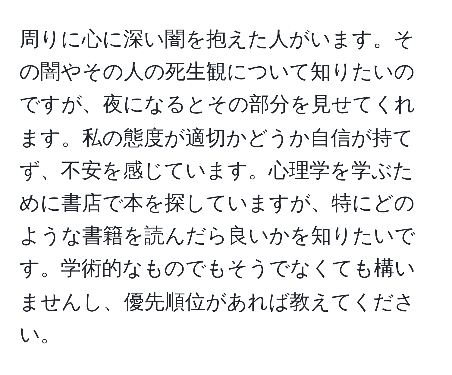 周りに心に深い闇を抱えた人がいます。その闇やその人の死生観について知りたいのですが、夜になるとその部分を見せてくれます。私の態度が適切かどうか自信が持てず、不安を感じています。心理学を学ぶために書店で本を探していますが、特にどのような書籍を読んだら良いかを知りたいです。学術的なものでもそうでなくても構いませんし、優先順位があれば教えてください。