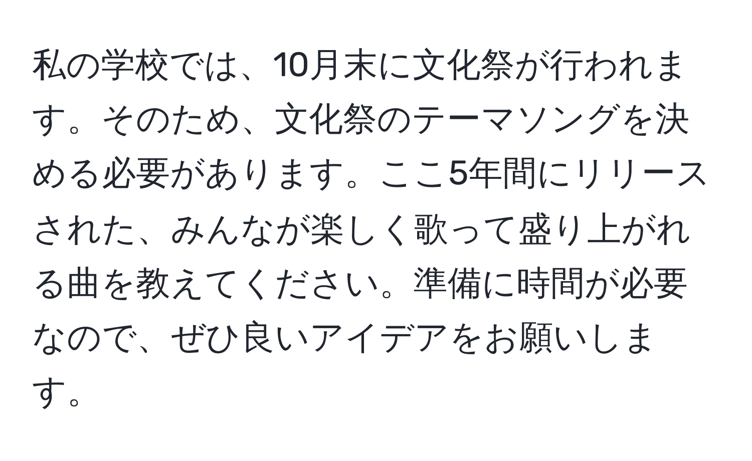 私の学校では、10月末に文化祭が行われます。そのため、文化祭のテーマソングを決める必要があります。ここ5年間にリリースされた、みんなが楽しく歌って盛り上がれる曲を教えてください。準備に時間が必要なので、ぜひ良いアイデアをお願いします。