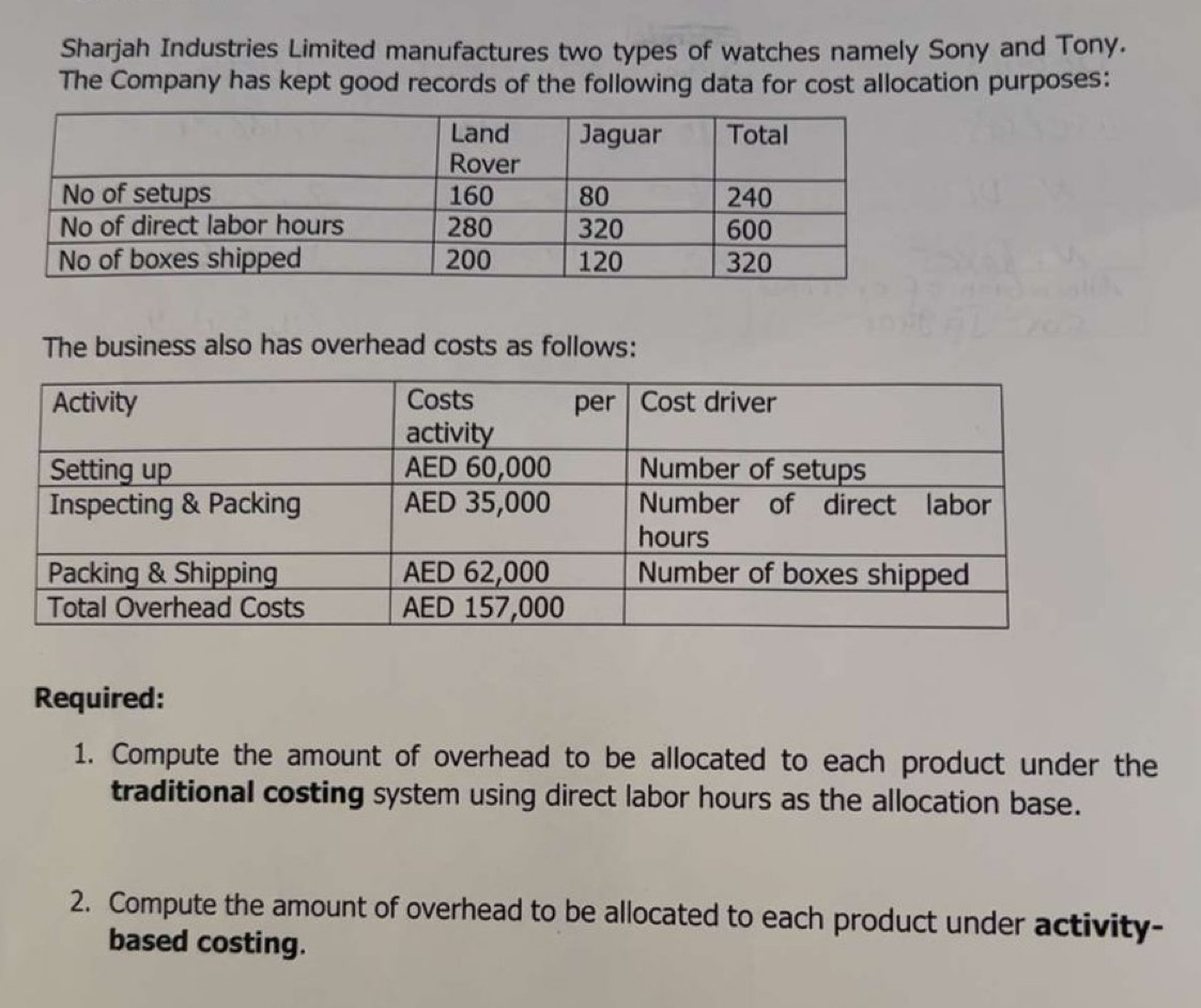 Sharjah Industries Limited manufactures two types of watches namely Sony and Tony. 
The Company has kept good records of the following data for cost allocation purposes: 
The business also has overhead costs as follows: 
Required: 
1. Compute the amount of overhead to be allocated to each product under the 
traditional costing system using direct labor hours as the allocation base. 
2. Compute the amount of overhead to be allocated to each product under activity- 
based costing.