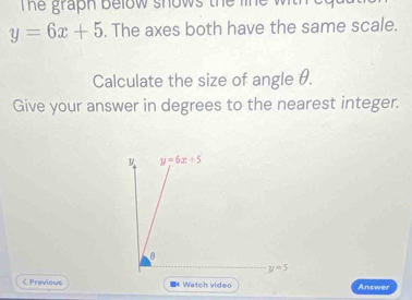 The graph below shows the line wt
y=6x+5. The axes both have the same scale.
Calculate the size of angle θ.
Give your answer in degrees to the nearest integer.
< Previous =* Watch video Answer