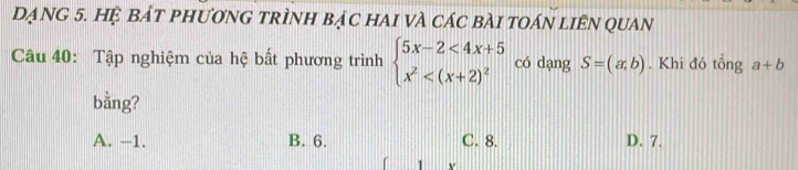 DẠNG 5. HỆ BÁT PHươNG TRÌNH BẠC HAI VÀ CÁC BàI TOáN LiÊN QUaN
Câu 40: Tập nghiệm của hệ bất phương trình beginarrayl 5x-2<4x+5 x^2 có dạng S=(a,b). Khi đó tổng a+b
bằng?
A. −1. B. 6. C. 8. D. 7.
1