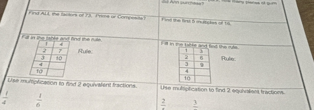 did Ahn purchase? k how many pieces of gum
Find ALL the factors of 73. Prime or Composite? Find the first 5 multiples of 16.
Fill in the table ind the rule. Fill in the table andd the rule.
Rule: 
Rule:
Use multiplication to find 2 equivalent fractions. Use multiplication to find 2 equivalent fractions.
 1/4   1/6 
frac 2 frac 3