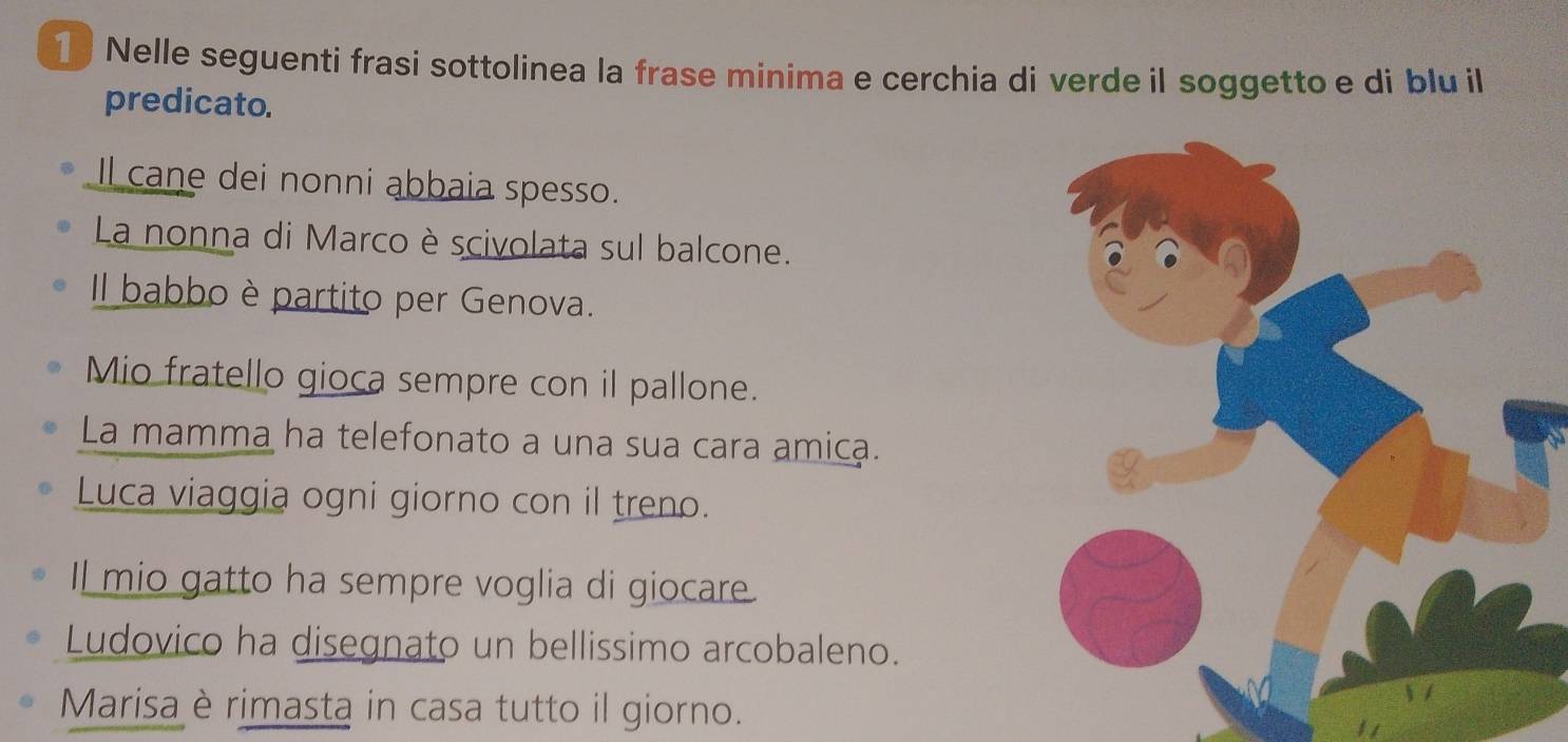 Nelle seguenti frasi sottolinea la frase minima e cerchia di verde il soggetto e di blu il 
predicato. 
Il cane dei nonni abbaia spesso. 
La nonna di Marco è scivolata sul balcone. 
l babbo è partito per Genova. 
Mio fratello gioca sempre con il pallone. 
La mamma ha telefonato a una sua cara amica. 
Luca viaggia ogni giorno con il treno. 
Il mio gatto ha sempre voglia di giocare. 
Ludovico ha disegnato un bellissimo arcobaleno. 
Marisa è rimasta in casa tutto il giorno.