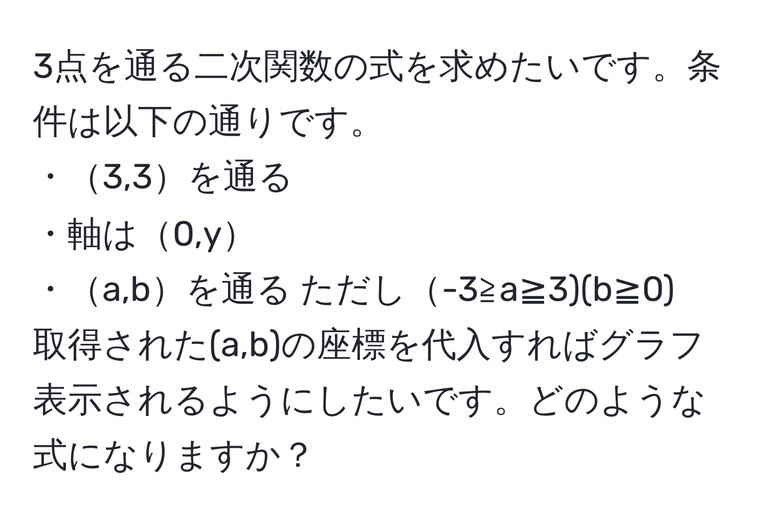 3点を通る二次関数の式を求めたいです。条件は以下の通りです。  
・3,3を通る  
・軸は0,y  
・a,bを通る ただし-3≧a≧3)(b≧0)  
取得された(a,b)の座標を代入すればグラフ表示されるようにしたいです。どのような式になりますか？