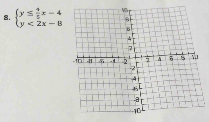 beginarrayl y≤  4/5 x-4 y<2x-8endarray.