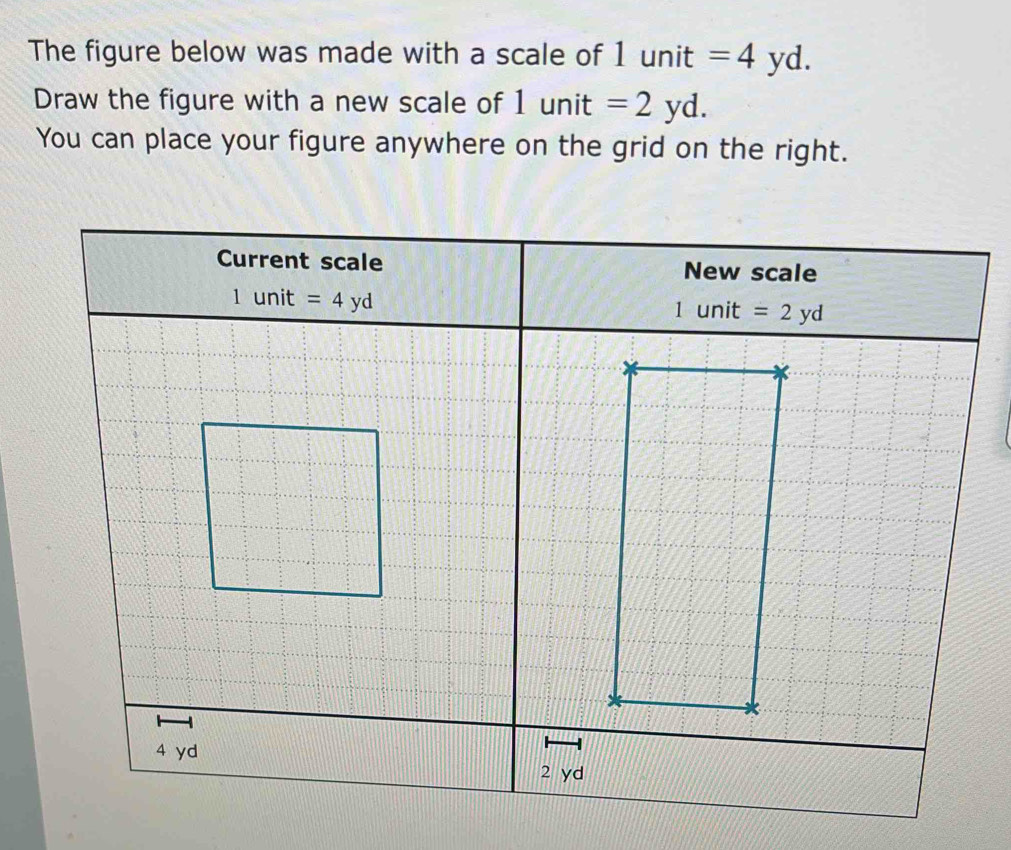 Solved: The figure below was made with a scale of 1 unit =4yd. Draw the ...