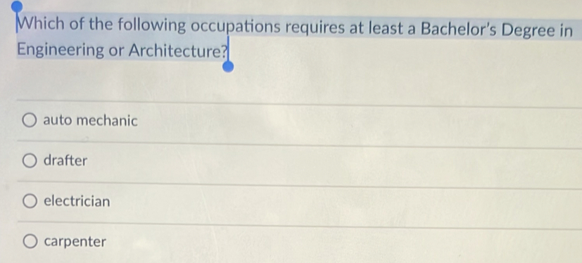 Which of the following occupations requires at least a Bachelor’s Degree in
Engineering or Architecture?
auto mechanic
drafter
electrician
carpenter