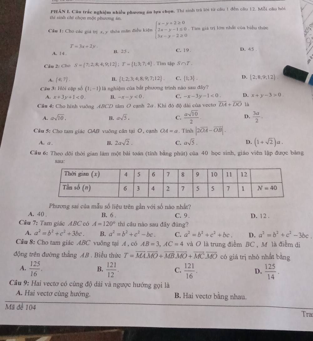 PHẢN I. Câu trắc nghiệm nhiều phương án lựa chọn. Thí sinh trả lời từ câu 1 đến câu 12. Mỗi câu hỏi
thí sinh chỉ chọn một phương án.
Câu 1: Cho các giá trị x, y thỏa mãn điều kiện beginarrayl x-y+2≥ 0 2x-y-1≤ 0 3x-y-2≥ 0endarray.. Tìm giá trị lớn nhất của biểu thức
T=3x+2y.
A. 14 . B. 25 . C. 19 . D. 45 .
Câu 2: Cho S= 7;2;8;4;9;12 ;T= 1;3;7;4. Tim tập S∩ T.
D.
A.  4:7 . B.  1;2;3;4;8;9;7;12 . C.  1;3 .  2;8;9;12 .
Câu 3: Hỏi cập số (1;-1) là nghiệm của bắt phương trình nào sau đây?
A. x+3y+1<0. B. -x-y<0. C. -x-3y-1<0. D. x+y-3>0.
Câu 4: Cho hình vuông ABCD tâm O cạnh 2a. Khi đó độ dài của vecto overline DA+overline DO là
D.
A. asqrt(10). B. asqrt(5). C.  asqrt(10)/2 .  3a/2 .
Câu 5: Cho tam giác OAB vuông cân tại O, cạnh OA=a. Tính |2vector OA-vector OB|.
A. a .
B. 2asqrt(2). C. asqrt(5). D. (1+sqrt(2))a.
Câu 6: Theo dõi thời gian làm một bài toán (tính bằng phút) của 40 học sinh, giáo viên lập được bảng
sau:
Phương sai của mẫu số liệu trên gần với số nào nhất?
A. 40 . B. 6 . C. 9 . D. 12 .
Câu 7: Tam giác ABC có A=120° thì câu nào sau đây đúng?
A. a^2=b^2+c^2+3bc. B. a^2=b^2+c^2-bc. C. a^2=b^2+c^2+bc. D. a^2=b^2+c^2-3bc.
Câu 8: Cho tam giác ABC vuông tại A , có AB=3,AC=4 và O là trung điểm BC , M là điểm di
động trên đường thẳng AB . Biểu thức T=overline MA.overline MO+overline MB.overline MO+overline MC.overline MO có giá trị nhỏ nhất bằng
A.  125/16 .  121/12 .  121/16 .  125/14 .
B.
C.
D.
Câu 9: Hai vectơ có cùng độ dài và ngược hướng gọi là
A. Hai vectơ cùng hướng. B. Hai vectơ bằng nhau.
Mã đề 104
Tra