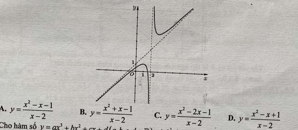 A. y= (x^2-x-1)/x-2  B. y= (x^2+x-1)/x-2  C. y= (x^2-2x-1)/x-2  D. y= (x^2-x+1)/x-2 
Cho hàm số y=ax^3+bx^2+