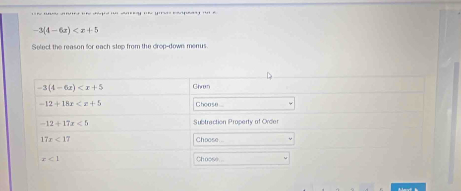 a
-3(4-6x)
Select the reason for each step from the drop-down menus.