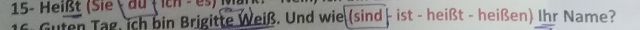 15- Heißt (Sie ç du  ich - es) Mg 
16. Guten Tag, ich bin Brigitte Weiß. Und wie (sind - ist - heißt - heißen) Ihr Name?