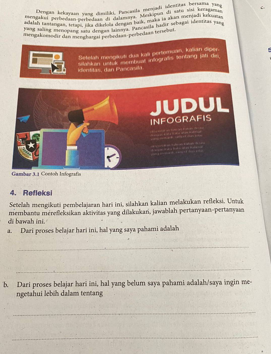 Dengan kekayaan yang dimiliki, Pancasila menjadi identitas bersama yang 
mengakui perbedaan-perbedaan di dalamnya. Meskipun di satu sisi keragaman C. 
adalah tantangan, tetapi, jika dikelola dengan baik, maka ia akan menjadi kekuatan 
yang saling menopang satu dengan lainnya. Pancasila hadir sebagai identitas yang 
mengakomodir dan menghargai perbedaan-perbedaan tersebut. 
Setelah mengikuti dua kali pertemuan, kalian diper- 
5 
silahkan untuk membuat infografis tentang jati diri, 
identitas, dan P ancasila. 
r 3.1 Ch Infografis 
4. Refleksi 
Setelah mengikuti pembelajaran hari ini, silahkan kalian melakukan refleksi. Untuk 
membantu merefleksikan aktivitas yang dilakukan, jawablah pertanyaan-pertanyaan 
di bawah ini. 
a. Dari proses belajar hari ini, hal yang saya pahami adalah 
_ 
_ 
b. Dari proses belajar hari ini, hal yang belum saya pahami adalah/saya ingin me- 
ngetahui lebih dalam tentang 
_ 
_