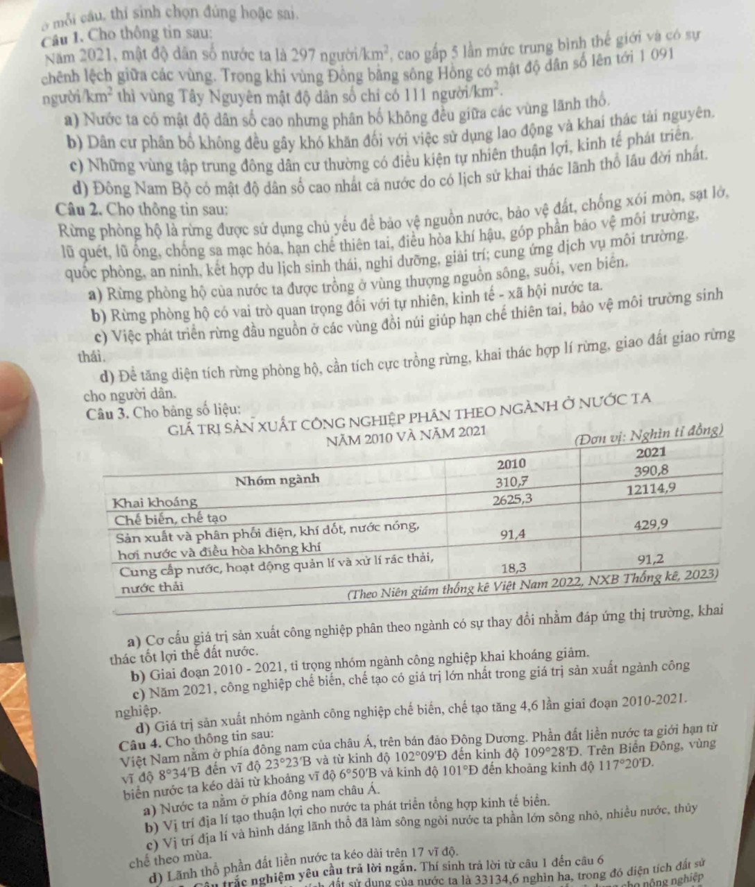 mỗi cầu, thí sinh chọn đúng hoặc sai.
Câu 1. Cho thông tin sau:
Năm 2021, mật độ dân số nước ta là 297 người. km^2 , cao gấp 5 lần mức trung bình thế giới và có sự
chênh lệch giữa các vùng. Trong khi vùng Đồng bằng sông Hồng có mật độ dân số lên tới 1 091
người /km^2 thì vùng Tây Nguyên mật độ dân số chỉ có 111 người. km^2.
a) Nước ta có mật độ dân số cao nhưng phân bố không đều giữa các vùng lãnh thổ,
b) Dân cư phân bố không đều gây khó khăn đối với việc sử dụng lao động và khai thác tải nguyên.
c) Những vùng tập trung đông dân cư thường có điều kiện tự nhiên thuận lợi, kinh tế phát triển.
d) Đông Nam Bộ có mật độ dân số cao nhất cả nước do có lịch sử khai thác lãnh thổ lâu đời nhất.
Câu 2. Cho thông tìn sau:
Rừng phòng hộ là rừng được sử dụng chủ yếu để bảo vệ nguồn nước, bảo vệ đất, chống xói mòn, sạt lớ,
lũ quết, lũ ống, chống sa mạc hóa, hạn chế thiên tai, điều hòa khí hậu, góp phần bảo vệ môi trường,
quốc phòng, an ninh, kết hợp du lịch sinh thái, nghi dưỡng, giải trí; cung ứng dịch vụ môi trường
a) Rừng phòng hộ của nước ta được trồng ở vùng thượng nguồn sông, suối, ven biên.
b) Rừng phòng hộ có vai trò quan trọng đối với tự nhiên, kinh tế - xã hội nước ta.
c) Việc phát triển rừng đầu nguồn ở các vùng đồi núi giúp hạn chế thiên tai, bảo vệ môi trường sinh
d) Để tăng diện tích rừng phòng hộ, cần tích cực trồng rừng, khai thác hợp lí rừng, giao đất giao rừng
thái,
cho người dân.
Câu 3. Cho bảng số liệu:
T cônG nGhiệp phân tHEO ngÀNH ở nước ta
a) Cơ cấu giá trị sản xuất công nghiệp phân theo ngành có sự thay đổi nhằm đáp ứng thị 
thác tốt lợi thế đất nước.
b) Giai đoạn 2010 - 2021, tỉ trọng nhóm ngành công nghiệp khai khoáng giâm.
c) Năm 2021, công nghiệp chế biến, chế tạo có giá trị lớn nhất trong giá trị sản xuất ngành công
nghiệp.
d) Giá trị sản xuất nhóm ngành công nghiệp chế biến, chế tạo tăng 4,6 lần giai đoạn 2010-2021.
Câu 4. Cho thông tin sau:
Việt Nam năm ở phía đông nam của châu Á, trên bán đảo Đông Dương. Phần đất liền nước ta giới hạn từ
09Đ đến kinh độ 109°28'D
sqrt(1) độ 8°34'B đến vĩ độ 23°23'B và từ kinh độ 102°0. Trên Biển Đông, vùng
biển nước ta kéo dài từ khoảng vĩ độ 6° 50′B vả kinh độ 101°D đến khoảng kinh độ 117°20'D.
a) Nước ta nằm ở phía đông nam châu Á.
b) Vi trí địa lí tạo thuận lợi cho nước ta phát triển tổng hợp kinh tế biển.
c) V Lị trí địa lí và hình dáng lãnh thổ đã làm sông ngòi nước ta phần lớn sông nhỏ, nhiều nước, thủy
chế theo mùa.
d) Lãnh thổ phần đất liền nước ta kéo dài trên 17 vĩ độ.
Tn trác nghiệm yêu cầu trả lời ngắn. Thí sinh trả lời từ câu 1 đến câu 6
aát sử dụng gủa nước ta là 33134,6 nghìn ha, trong đó diện tích đất sử
cho nộng nghiệp
