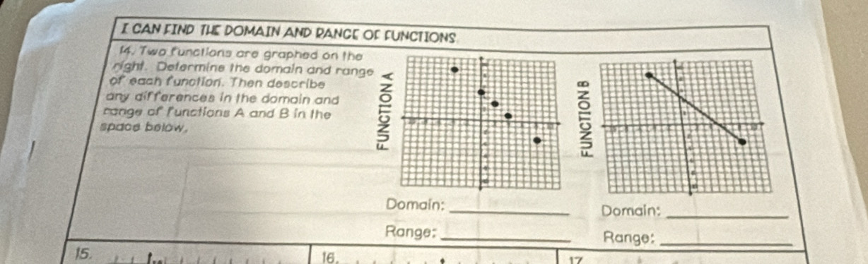 CAN FIND THE DOMAIN AND RANCE OF FUNCTIONS 
14. Two functions are graphed on the 
right. Defermine the domain and range 
of each function. Then describe 
any differences in the domain and 
range of lunctions A and B in the 
space below. 
Domain: _Domain:_ 
Range: _Range:_ 
15. 16, 17