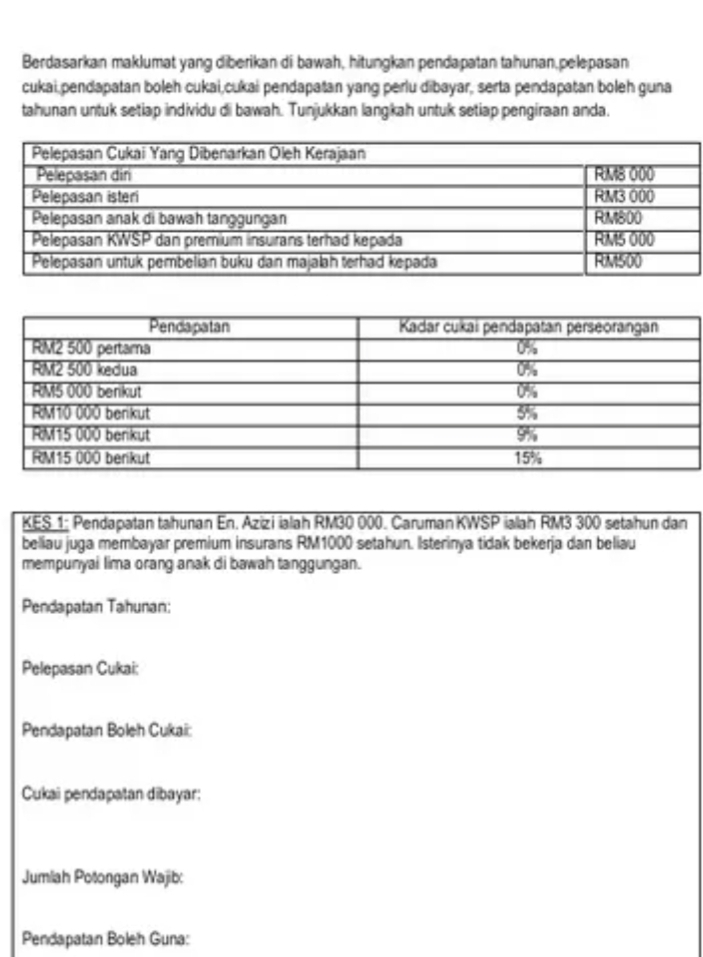 Berdasarkan maklumat yang diberikan di bawah, hitungkan pendapatan tahunan,pelepasan 
cukai pendapatan boleh cukai,cukai pendapatan yang perlu dibayar, serta pendapatan boleh guna 
tahunan untuk setiap individu di bawah. Tunjukkan langkah untuk setiap pengiraan anda. 
KES 1; Pendapatan tahunan En. Azizi ialah RM30 000. Caruman KWSP ialah RM3 300 setahun dan 
beliau juga membayar premium insurans RM1000 setahun. Isterinya tidak bekerja dan beliau 
mempunyai lima orang anak di bawah tanggungan. 
Pendapatan Tahunan: 
Pelepasan Cukai: 
Pendapatan Boleh Cukai: 
Cukai pendapatan dibayar; 
Jumlah Potongan Wajib: 
Pendapatan Boleh Guna: