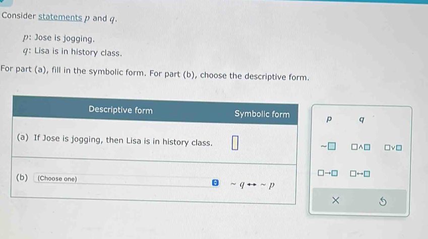 Consider statementsp and q.
p: Jose is jogging.
q: Lisa is in history class.
For part (a), fill in the symbolic form. For part (b), choose the descriptive form.
q
^□ □v□
rightarrow □