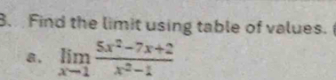 Find the limit using table of values. 
a. limlimits _xto 1 (5x^2-7x+2)/x^2-1 