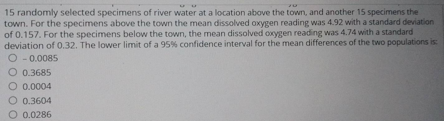 randomly selected specimens of river water at a location above the town, and another 15 specimens the
town. For the specimens above the town the mean dissolved oxygen reading was 4.92 with a standard deviation
of 0.157. For the specimens below the town, the mean dissolved oxygen reading was 4.74 with a standard
deviation of 0.32. The lower limit of a 95% confidence interval for the mean differences of the two populations is:
- 0.0085
0.3685
0.0004
0.3604
0.0286