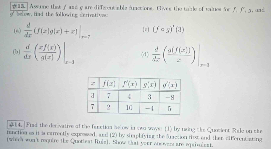 #13. Assume that f and g are differentiable functions. Given the table of values for ƒ, f',g , and
g' below, find the following derivatives:
(a)  d/dx (f(x)g(x)+x)|_x=7 (c) (fcirc g)'(3)
(b)  d/dx ( xf(x)/g(x) )|_x=3 (d)  d/dx ( g(f(x))/x )|_x=3
#14. Find the derivative of the function below in two ways: (1) by using the Quotient Rule on the
function as it is currently expressed, and (2) by simplifying the function first and then differentiating
(which won’t require the Quotient Rule). Show that your answers are equivalent.