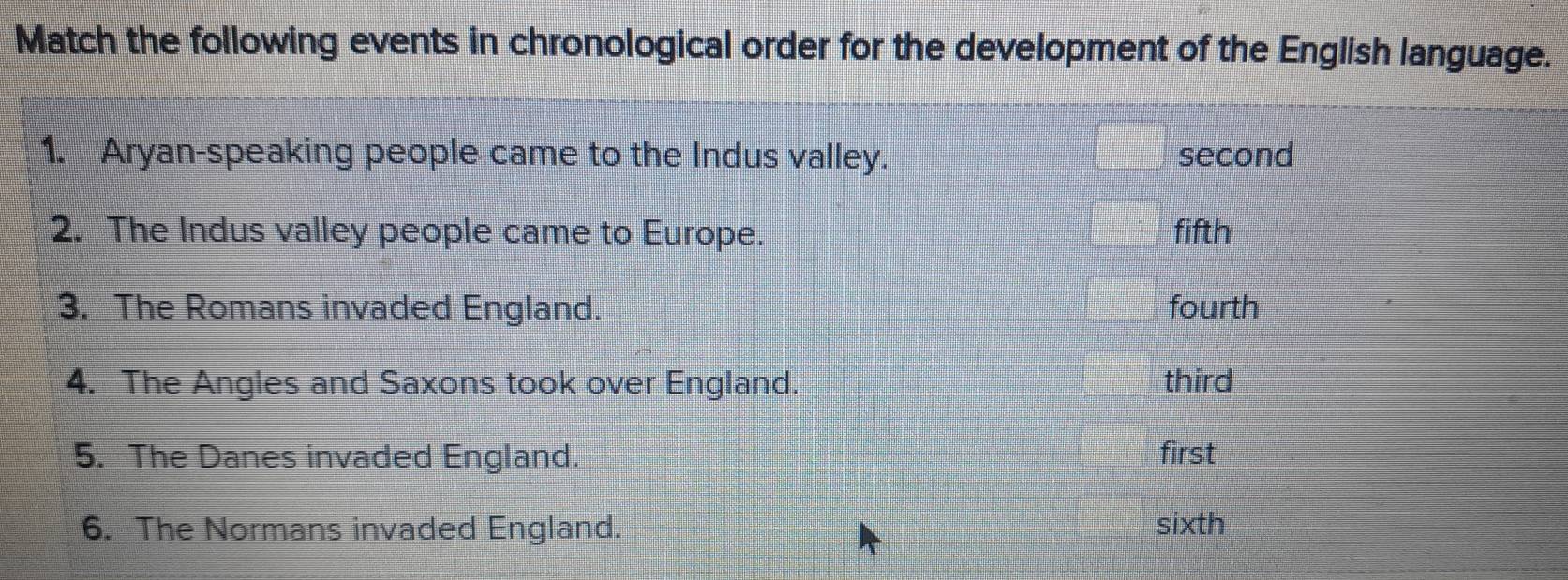 Match the following events in chronological order for the development of the English language.