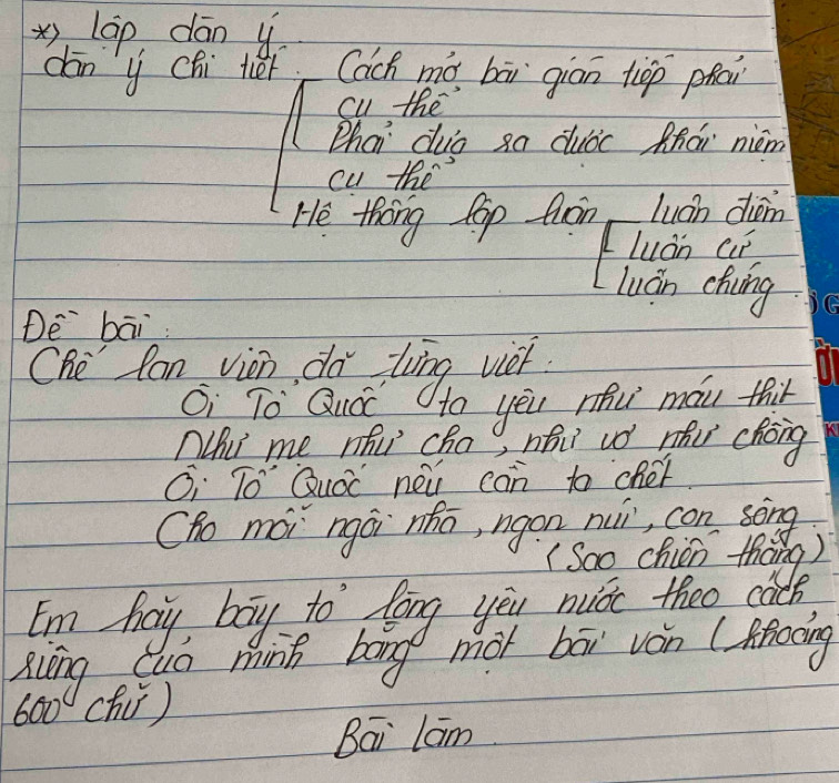 láp dān y
dāny chi héi Cach mó bāi giān tioo phai 
cu the 
Zhat duo x0 duòc Rhái nièm 
cu the 
He thing Rop Quon, Luon diom 
L luán aut 
luán ehuing 
De bāi 
Che lan vion do tong viet 
Gi To Quǒc Ho yeu mhu mau thir 
Nhi me nu cho, ni uó nu chóng 
Gi To' Quoc neǔ con to cher 
Cho mói ngái nho, ngon nui, con song 
Soo chien thang) 
Im hay boy to long you muice theo cice 
xiāng uò minh bāng mot bāi ván (Aing
600 chi) 
Bāi lám