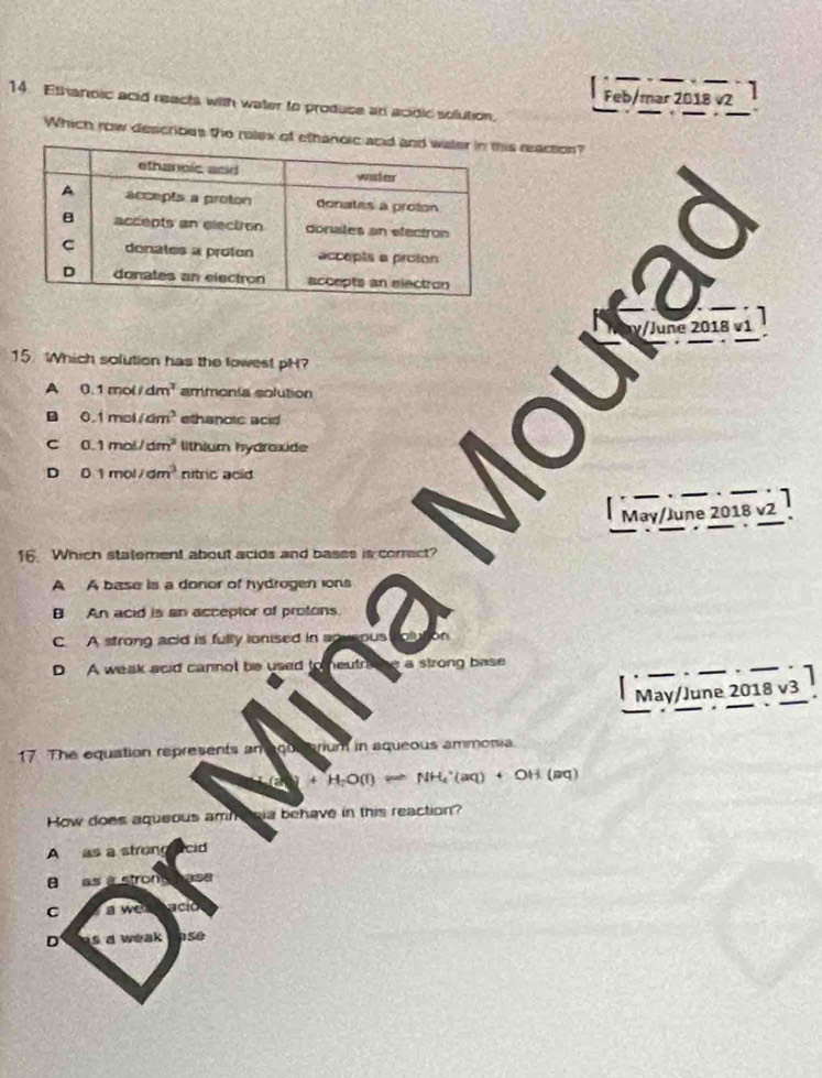 Feb/mar 2018 v2
14 Ethanoic acid reacts with water to produse an acidic solution.
Which row describes the rolex of ethareaction?
γ/June 2018 vi
15. hich solution has the lowest pH?
A 0.1mol/dm^3 ammonia solution
0.1mol/dm^3 ethanoic acid
C 0.1mol/dm^3 lithium hydraxide
D 0.1mol/dm^3 nitric acid
May/June 2018 v2
16. Which statement about acids and bases is correct?
A A base is a donor of hydrogen ions
B An acid is an acceptor of protons.
C. A strong acid is fully ionised in
D A weak acid cannol be used to heutr me a strong base .
May/June 2018 v3
17. The equation represents an aquerium in aqueous ammosia
H_2O(l)leftharpoons NH_4^+(aq)+OH(aq)
How does aqueous amn agia behave in this reaction?
A as a strong cid
s à strons s
C a we ació
D d weak ase