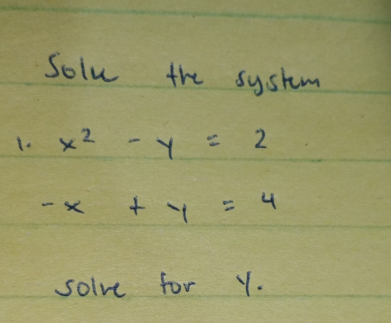 Solu the syshm
x^2-y=2
-x+y=4
solve for y.