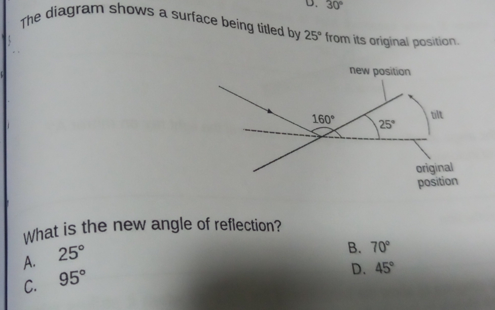 30°
The diagram shows a surface being titled by 25° from its original position.
What is the new angle of reflection?
A. 25°
B. 70°
C. 95°
D. 45°