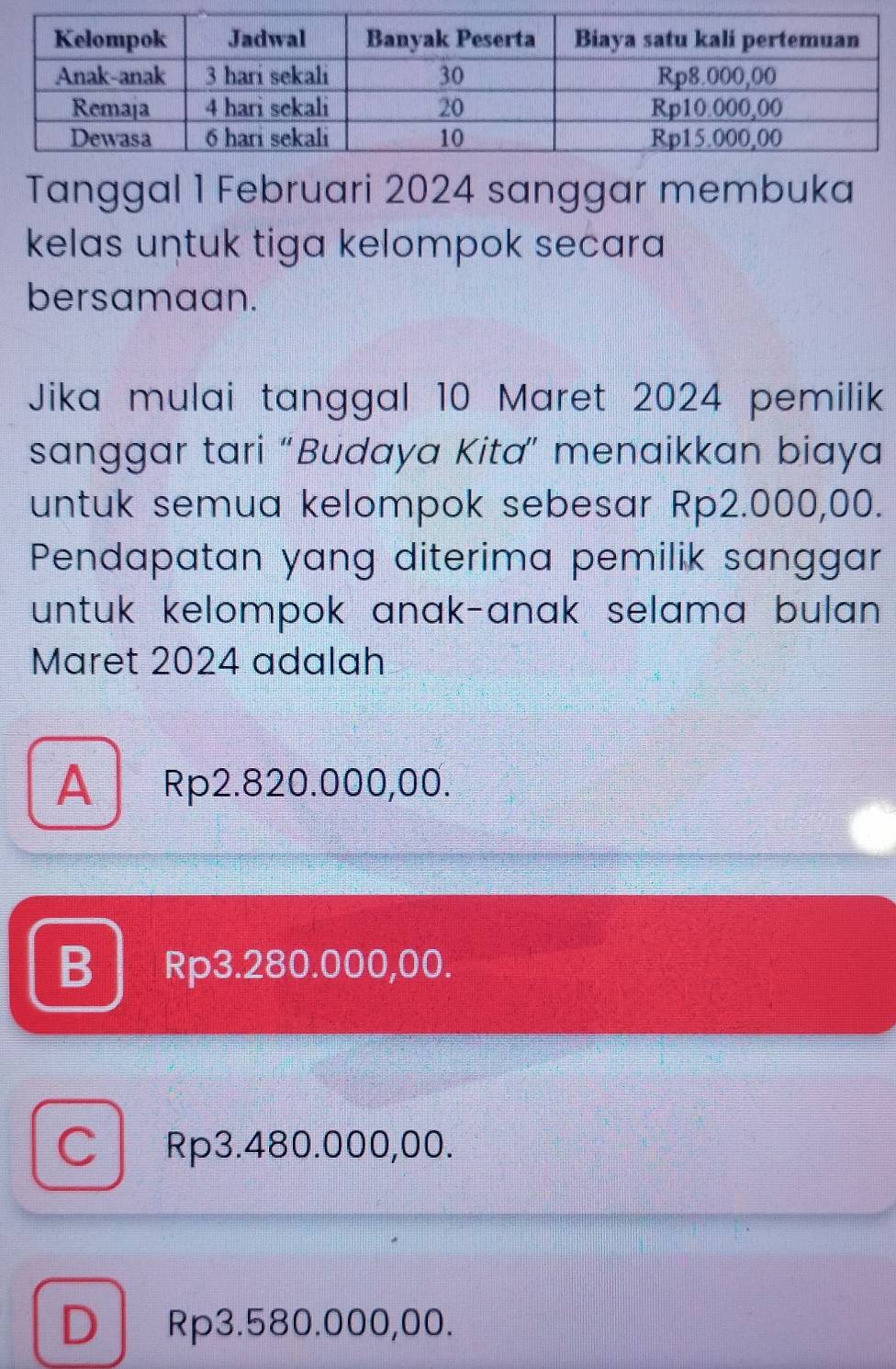 Tanggal 1 Februari 2024 sanggar membuka
kelas untuk tiga kelompok secara 
bersamaan.
Jika mulai tanggal 10 Maret 2024 pemilik
sanggar tari “Budaya Kita” menaikkan biaya
untuk semua kelompok sebesar Rp2.000,00.
Pendapatan yang diterima pemilik sanggar
untuk kelompok anak-anak selama bulan .
Maret 2024 adalah
A Rp2.820.000,00.
B Rp3.280.000,00.
C Rp3.480.000,00.
D Rp3.580.000,00.