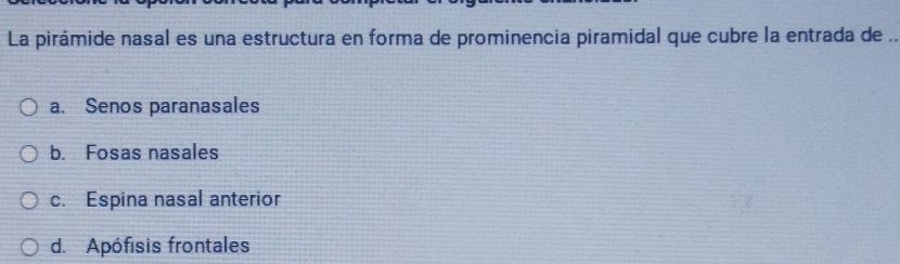 La pirámide nasal es una estructura en forma de prominencia piramidal que cubre la entrada de ..
a. Senos paranasales
b. Fosas nasales
c. Espina nasal anterior
d. Apófisis frontales