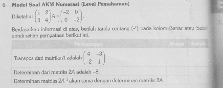 Model Soal AKM Numerasi (Level Pemahaman)
Diketahui beginpmatrix 1&2 3&4endpmatrix A=beginpmatrix -2&0 0&-2endpmatrix .
Berdasarkan informasi di atas, berilah tanda centang (√) pada kolom:Benar atau Sals
yataan berikut ini.