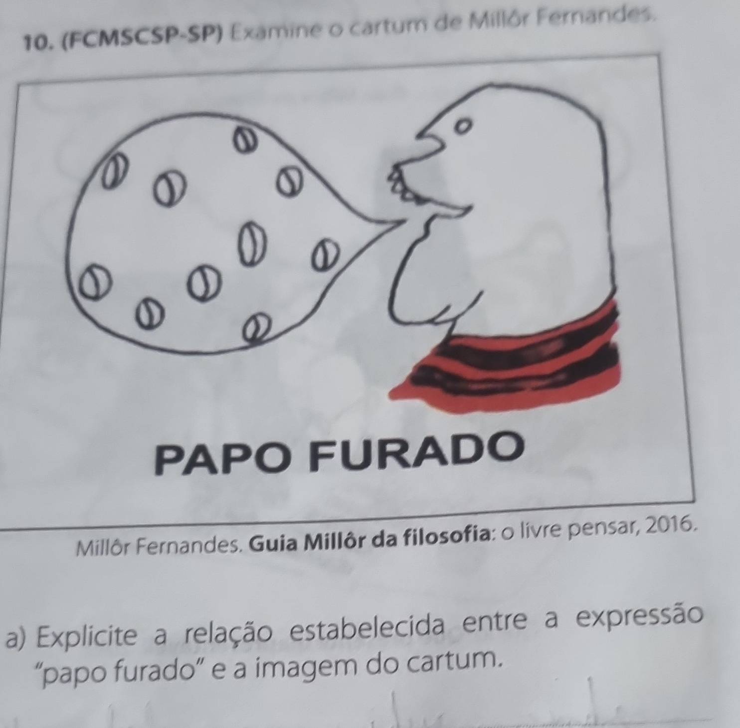 (FCMSCSP-SP) Examine o cartum de Millór Fernandes. 
Millôr Fernandes. Guia Millôr da filosofia: o livre pensar, 2016. 
a) Explicite a relação estabelecida entre a expressão 
“papo furado” e a imagem do cartum.