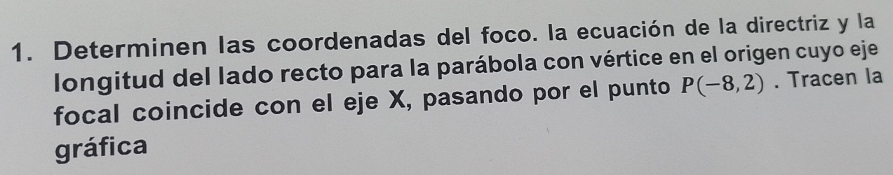 Determinen las coordenadas del foco. la ecuación de la directriz y la 
longitud del lado recto para la parábola con vértice en el origen cuyo eje 
focal coincide con el eje X, pasando por el punto P(-8,2). Tracen la 
gráfica