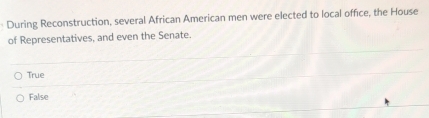 During Reconstruction, several African American men were elected to local office, the House
of Representatives, and even the Senate.
True
False