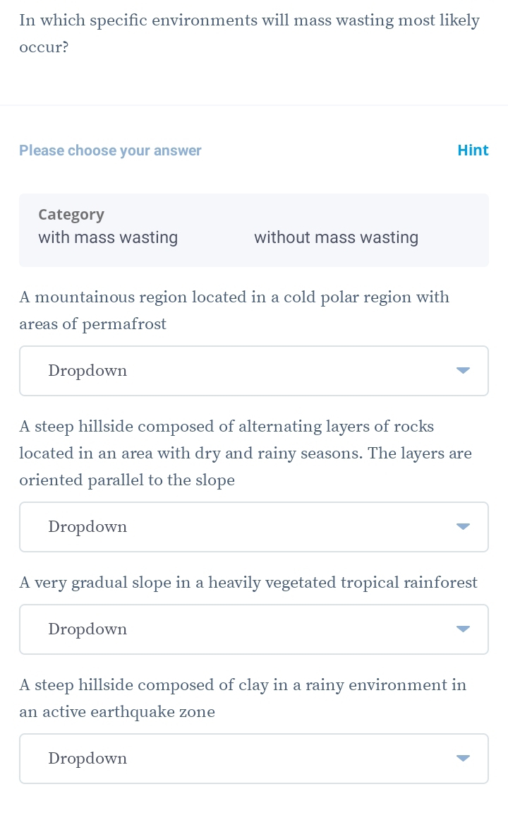 In which specific environments will mass wasting most likely
occur?
Please choose your answer Hint
Category
with mass wasting without mass wasting
A mountainous region located in a cold polar region with
areas of permafrost
Dropdown
A steep hillside composed of alternating layers of rocks
located in an area with dry and rainy seasons. The layers are
oriented parallel to the slope
Dropdown
A very gradual slope in a heavily vegetated tropical rainforest
Dropdown
A steep hillside composed of clay in a rainy environment in
an active earthquake zone
Dropdown