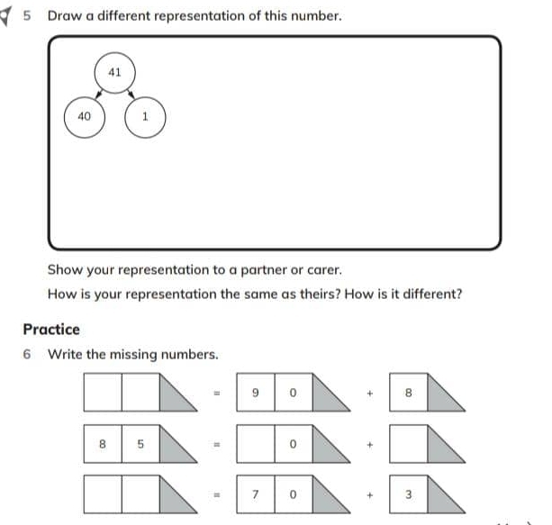 Draw a different representation of this number. 
41
40 1
Show your representation to a partner or carer. 
How is your representation the same as theirs? How is it different? 
Practice 
6 Write the missing numbers.
= 9 0 + 8
8 5 = 0 +
= 7 0 + 3