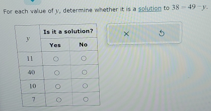 For each value of y, determine whether it is a solution to 38=49-y. 
×