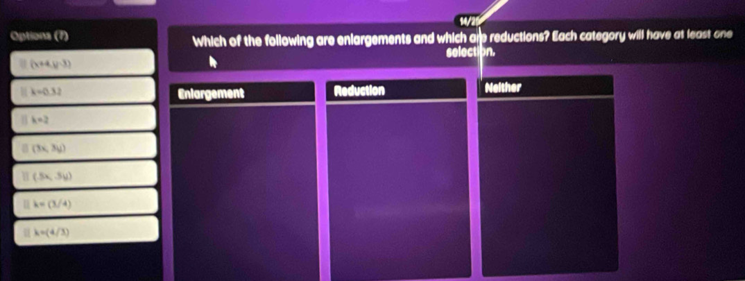 14/
Options (7)
Which of the following are enlargements and which are reductions? Each category will have at least one
selection.
(x+4,y-3)
k=0.32 Enlargement Reduction Neither
k=2
(3x,3y)
(5x,3y)
u k=(3/4)
k=(4/3)