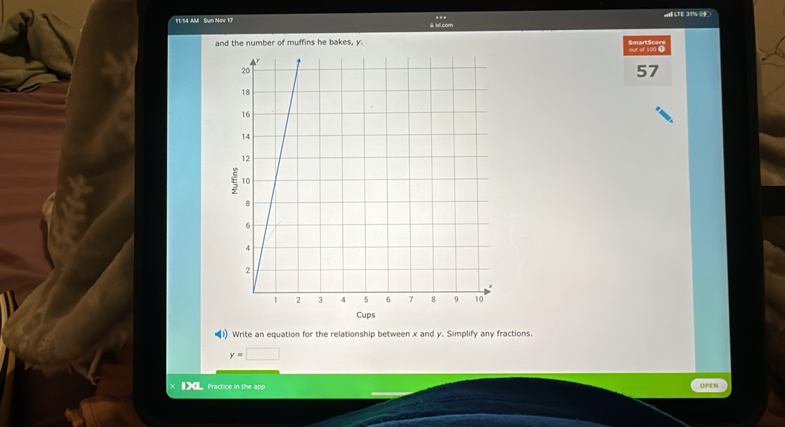 .. 
I LTE 31% 
11:14 AM Sun Nov 17 g ixl.com 
and the number of muffins he bakes, y. 
invies 
57 
Cups 
1) Write an equation for the relationship between x and y. Simplify any fractions.
y=□
■ Practice in the app OPEN